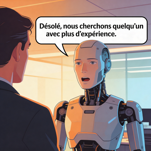 Un robot qui dit a un humain : Desole, nous cherchons quelqu'un avec plus d'experience.